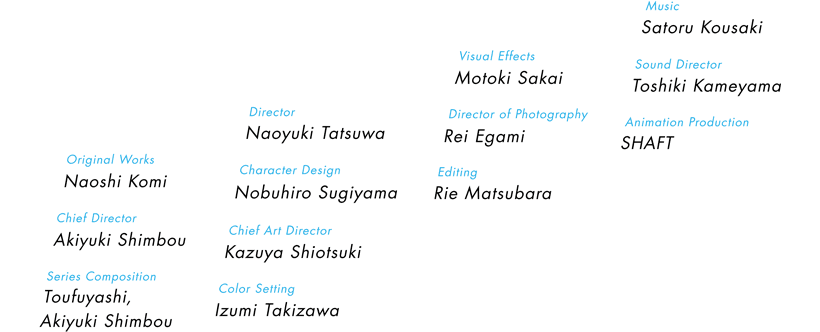 
	Original Works: Naoshi Komi 
	Chief Director: Akiyuki Shimbou
	Series Composition: Toufuyashi, Akiyuki Shimbou
	Director: Naoyuki Tatsuwa
	Character Design: Nobuhiro Sugiyama
	Chief Art Director: Kazuya Shiotsuki
	Color Setting: Izumi Takizawa 
	Visual Effects: Motoki Sakai
	Director of Photography: Rei Egami
	Editing: Rie Matsubara
	Music: Satoru Kousaki
	Sound Director: Toshiki Kameyama
	Animation Production: SHAFT
